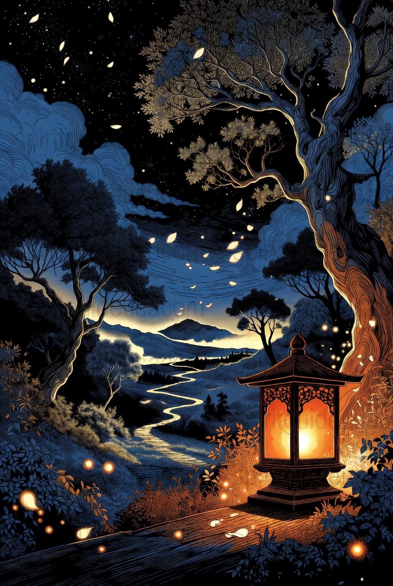 Enchanted Forest Night Lantern Art Print, Starry Sky Nature Illustration, Mystic River Landscape Poster, Fantasy Wall Decor