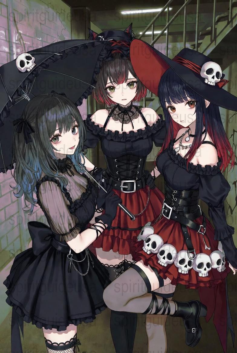 Gothic Lolita Art Print, Dark Anime Girls with Umbrellas, Skull Decor, Black and Red Wall Art