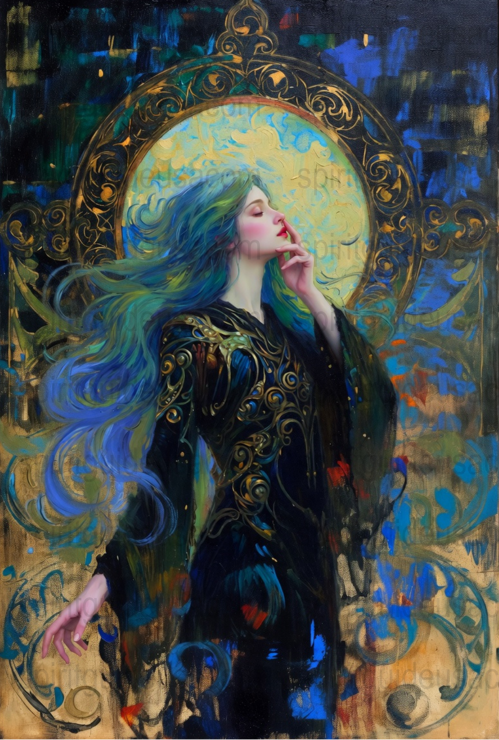 Art Nouveau Inspired Fantasy Woman Painting, Blue Hair, Golden Halo Decorative Wall Art Print, Mystical Poster