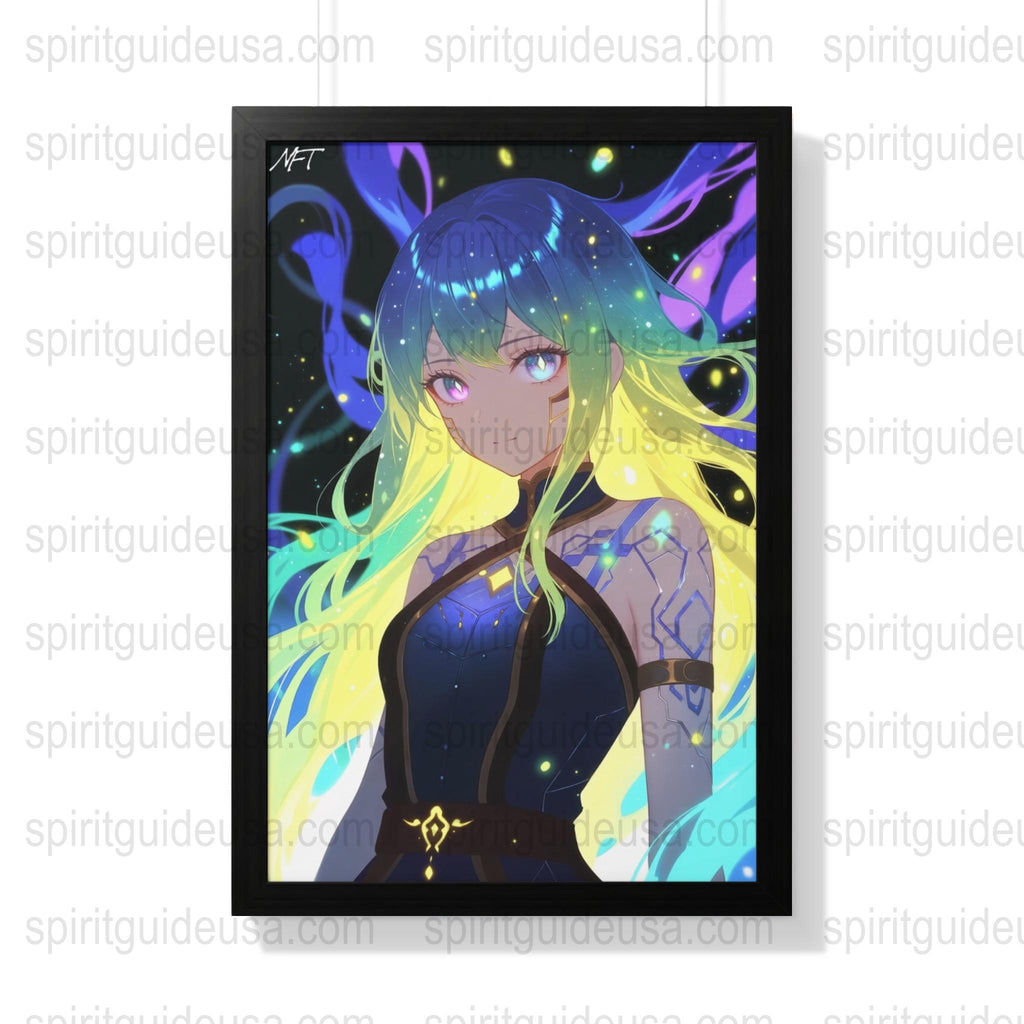 Anime Girl Poster with Blue Hair, Starry Background, Colorful Illustration, Wall Art Decor
