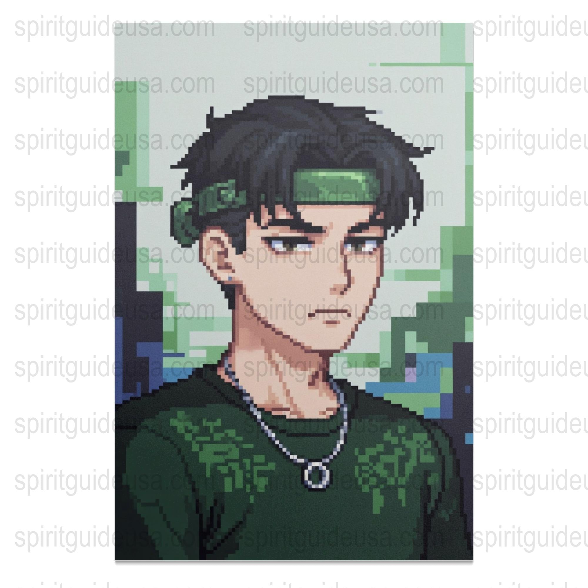 Pixel Art Portrait, Green Headband Anime Character, Digital Print, Wall Decor, Unique Gift Idea, Collector's Item, Retro Art Style.
