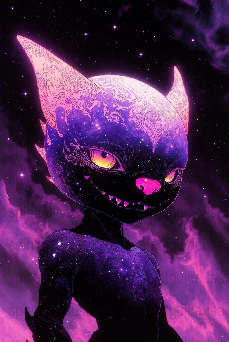 Cosmic Cat Art Print, Purple Galaxy Fantasy Cat Poster, Mystical Space Cat Wall Decor, Unique Celestial Animal Illustration