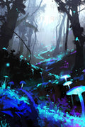 Enchanted Forest Art Print, Mystical Woods with Glowing Mushrooms, Fantasy Nature Wall Decor, Blue and Purple Tones