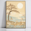 Vintage Japanese Art Print, Pine Tree and Daisy Landscape, Moonlit Night, Wall Decor for Living Room Bedroom Office