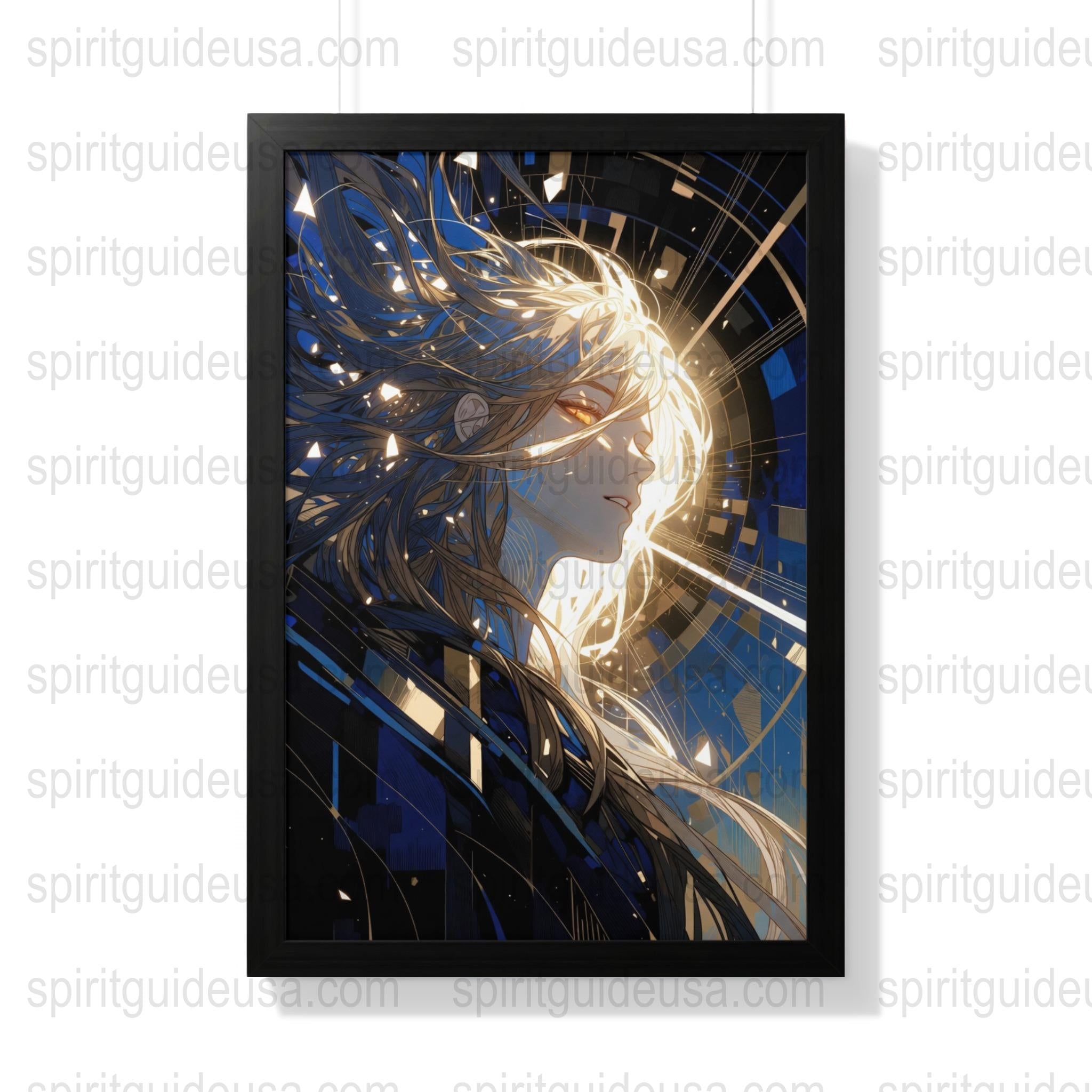Anime Art Print, Fantasy Female Character, Blue Gold Wall Decor, Modern Anime Poster, Home Decor Gallery, Manga Style Illustration