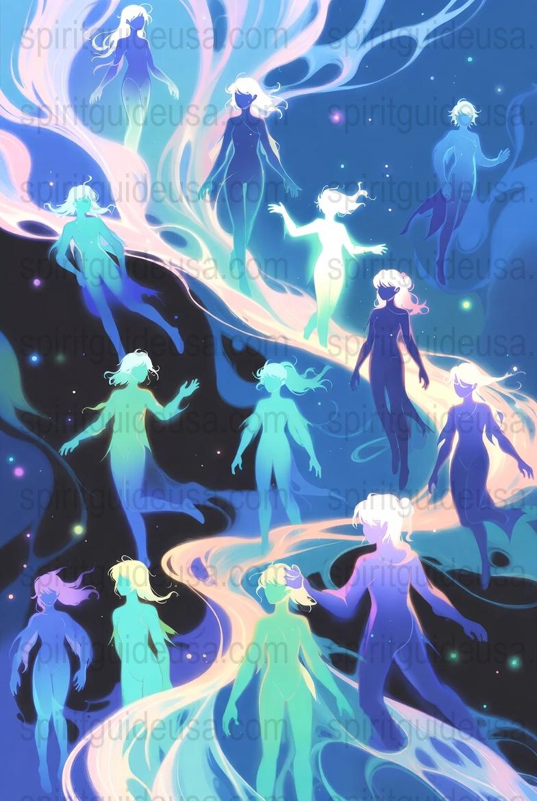 Mystical Ethereal Spirit Art Print, Celestial Beings, Fantasy Wall Decor, Surreal Blue and Pink Illustration