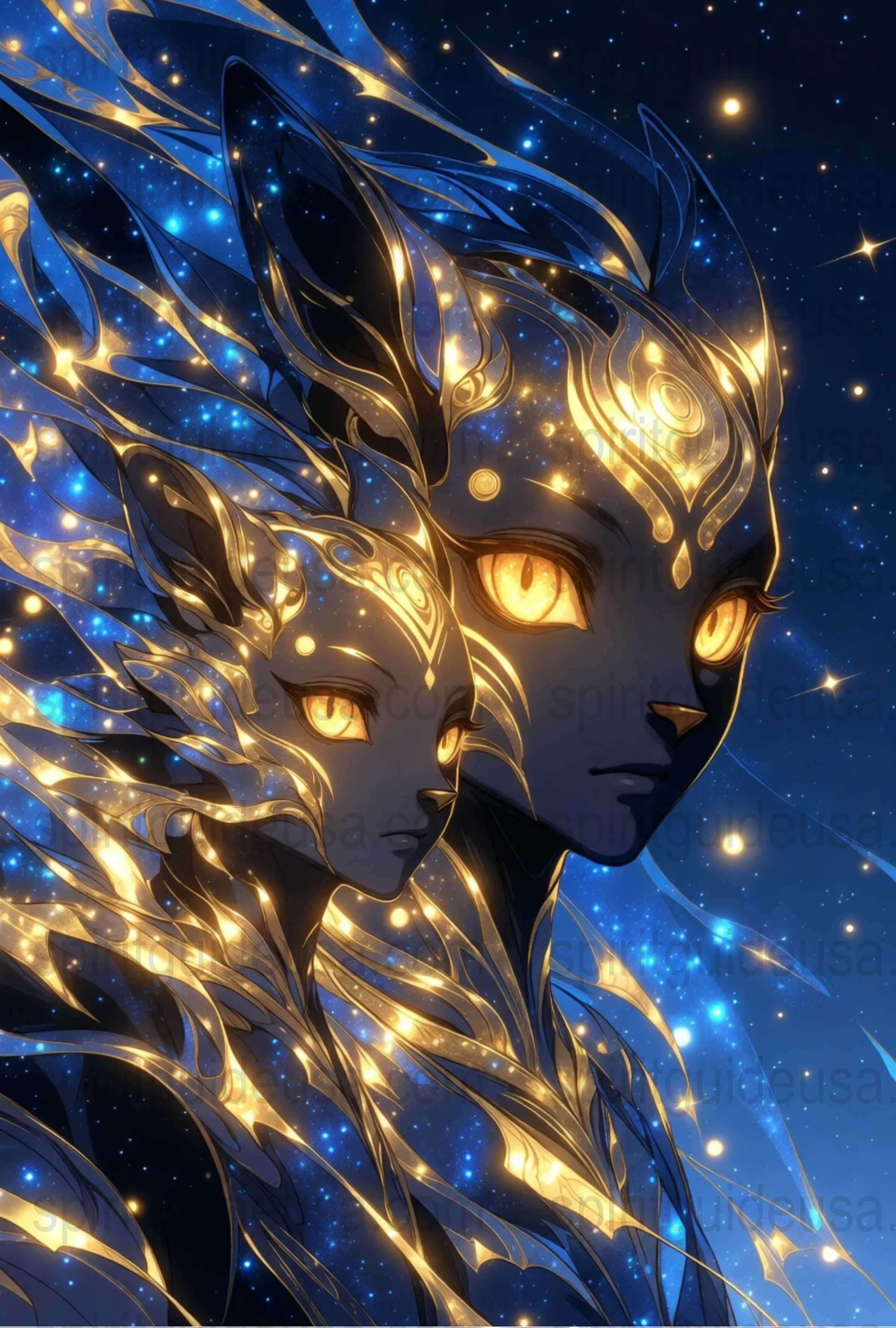 Mystical Celestial Fox Art Print, Golden Neon Foxes, Starry Night Background, Fantasy Wall Decor, Ethereal Animal Artwork