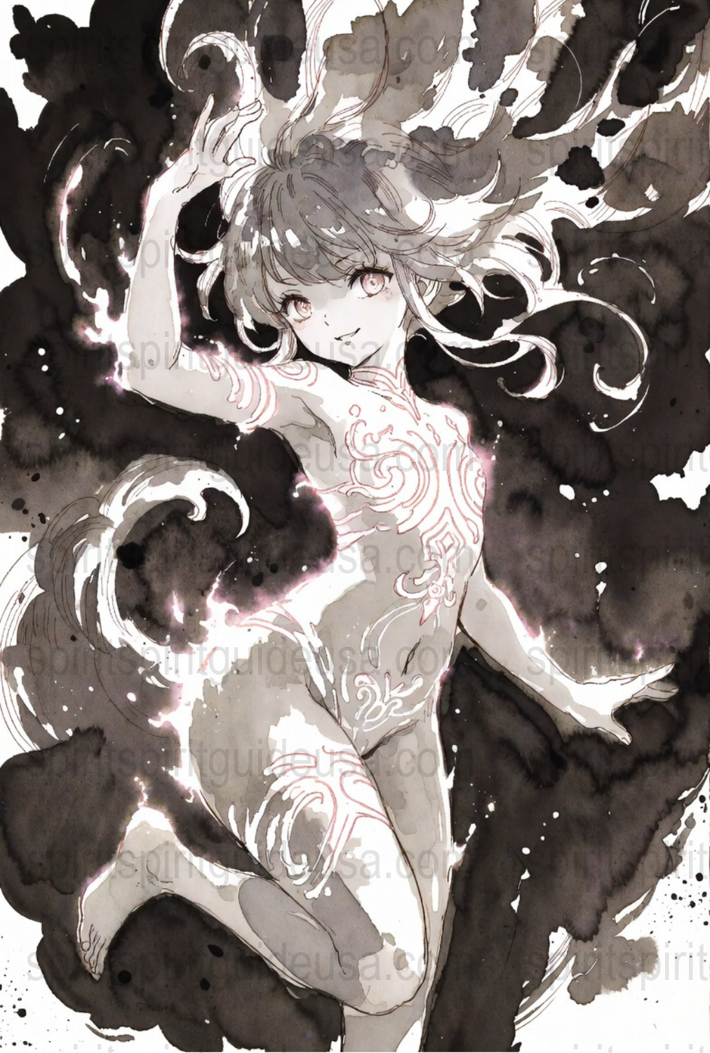 Anime Fantasy Art Print, Black and White Ink Illustration, Mystical Female Character Poster, Ethereal Wall Decor