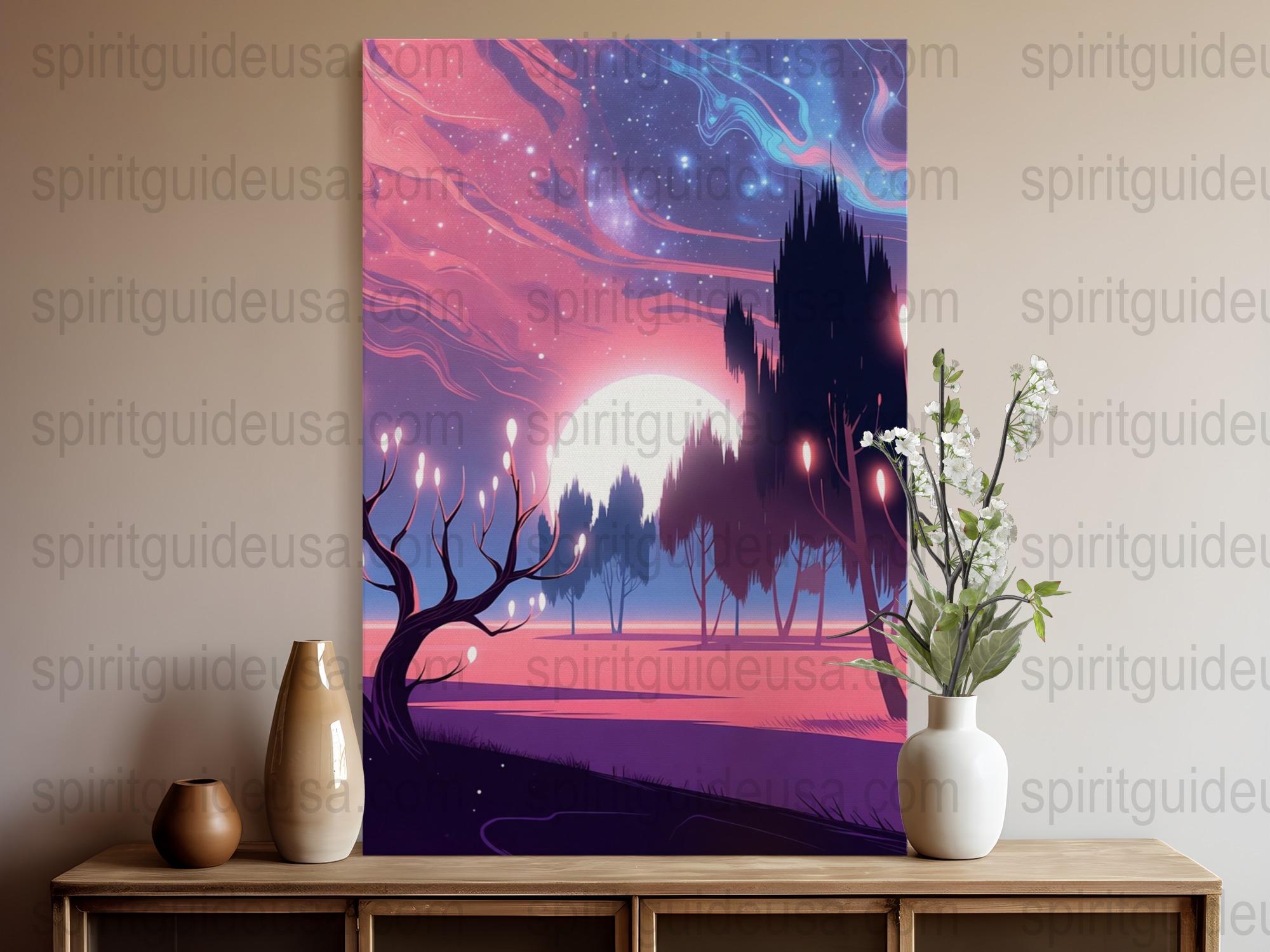 Colorful Fantasy Landscape Art Print, Mystical Night Sky Poster, Large Wall Decor Canvas