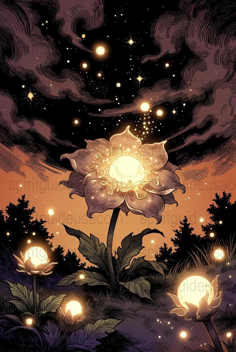 Mystical Night Sky Flower Art Print, Celestial Moonlit Floral Poster, Vibrant Home Wall Decor, Unique Fantasy Illustration