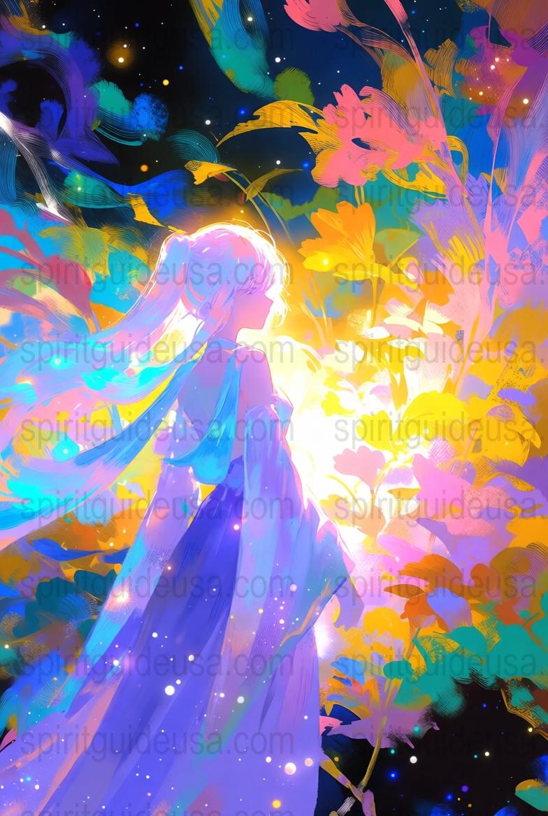 Vibrant Fantasy Art Print, Ethereal Woman with Birds, Colorful Abstract Poster, Spiritual Wall Decor, Mystical Artwork Gift