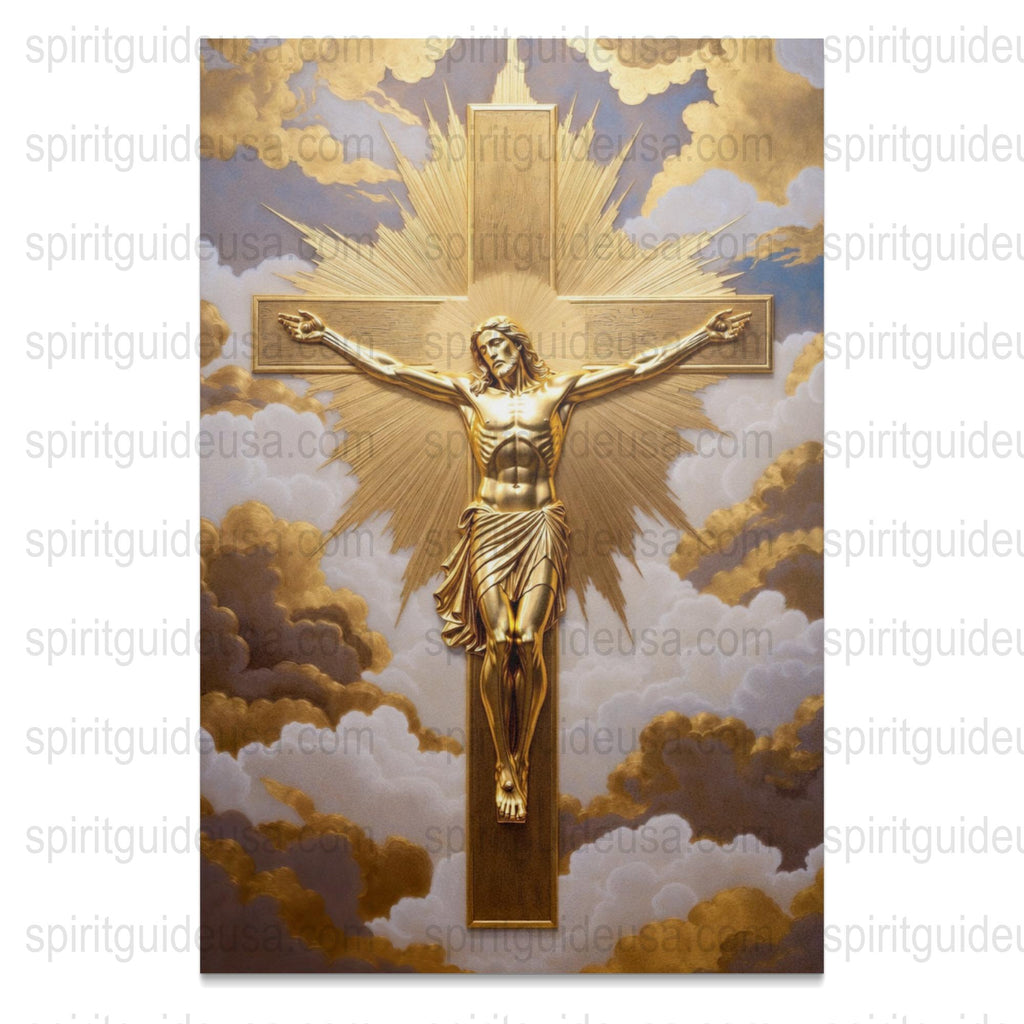 Jesus Christ Crucifixion Wall Art, Religious Golden Cross Clouds Print, Spiritual Home Decor Canvas
