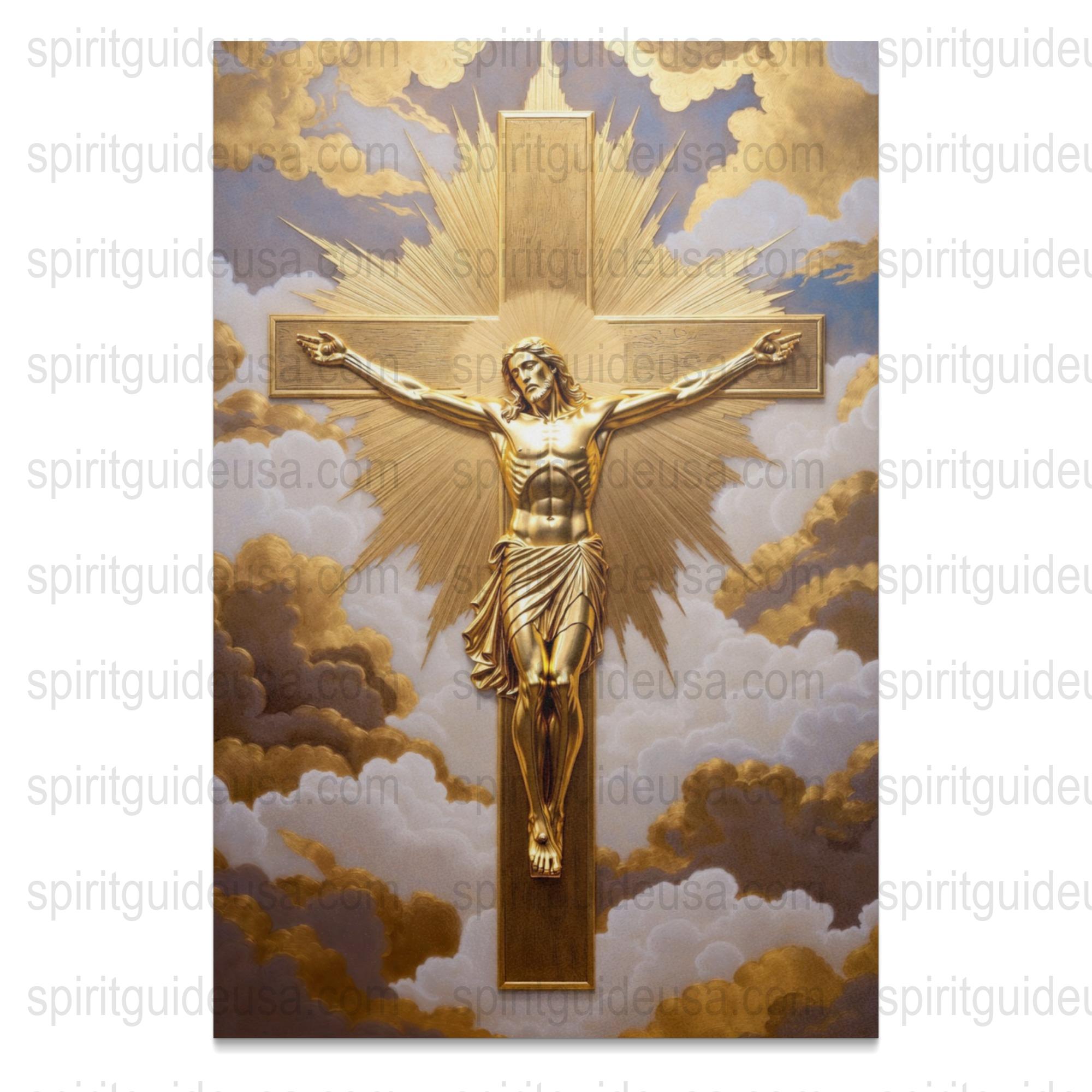 Jesus Christ Crucifixion Wall Art, Religious Golden Cross Clouds Print, Spiritual Home Decor Canvas