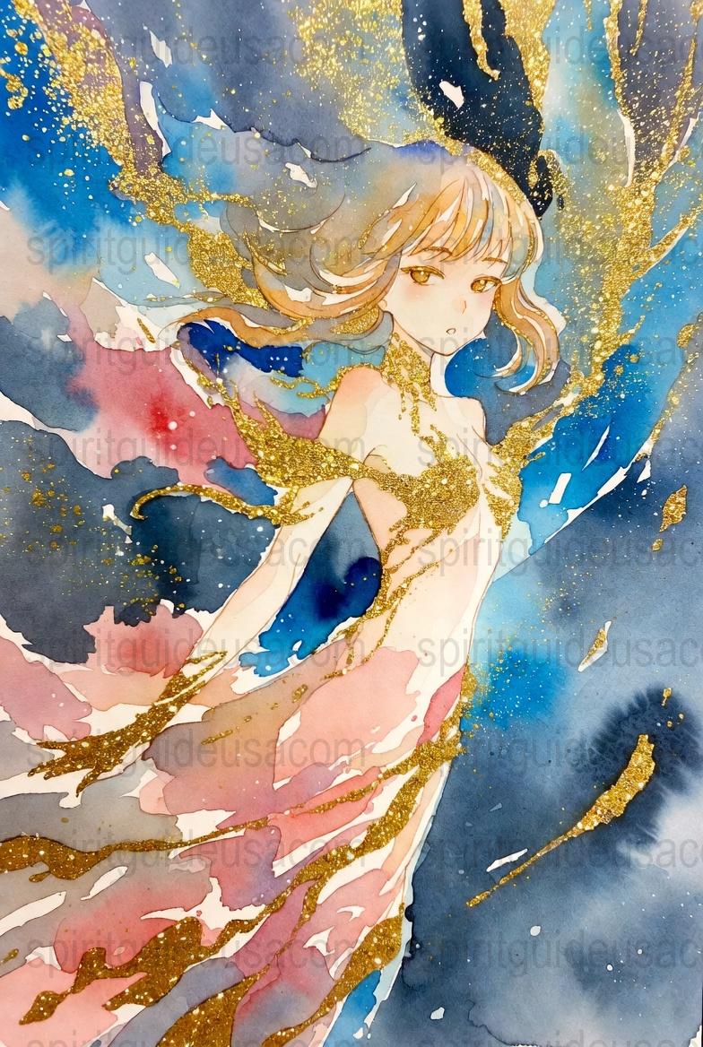 Watercolor Fantasy Girl Art Print, Gold Leaf Accents, Blue Pink Abstract Decor, Wall Hanging, Mystical Aesthetic, Poster for Bedroom