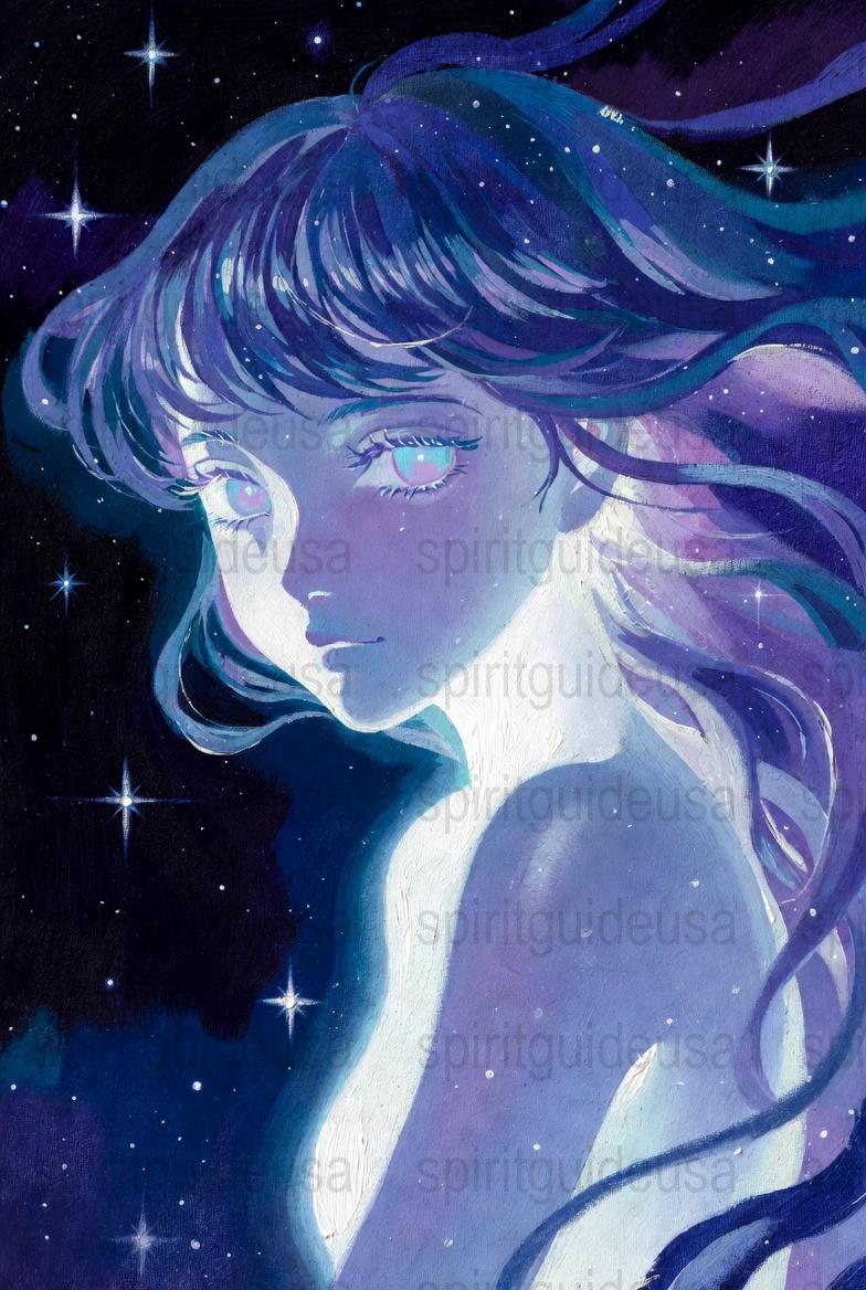 Mystical Starry Night Anime Girl Art Print, Blue Cosmic Wall Decor, Fantasy Illustration Poster