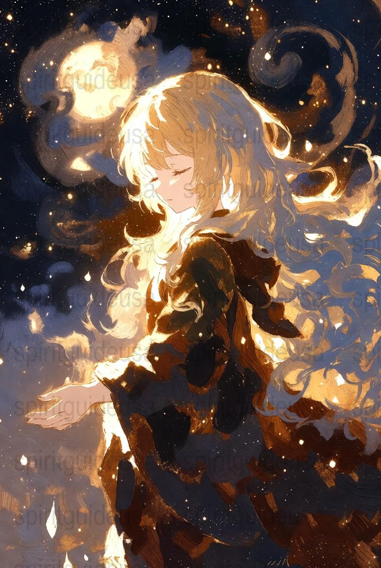 Mystical Autumn Girl Digital Art Print, Golden Swirls, Fantasy Illustration, Enchanted Forest Decor, Vibrant Wall Art