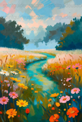 Colorful Landscape Painting, Impressionist River Art, Floral Meadow Canvas Print, Wall Decor Artwork for Home and Office