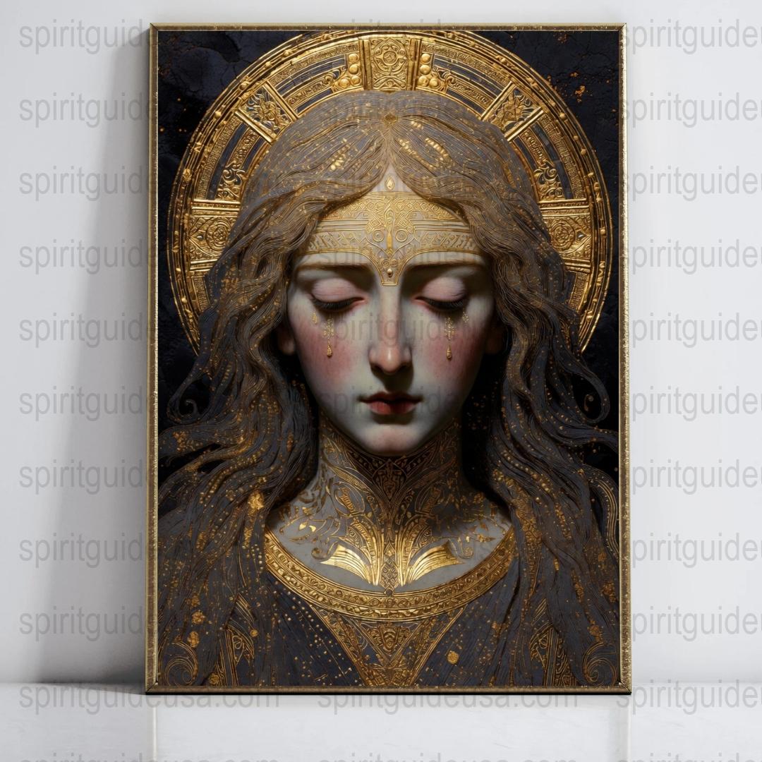 Vintage Style Religious Icon Art Print, Gold Embellished Spiritual Wall Decor, Medieval Inspired Artwork