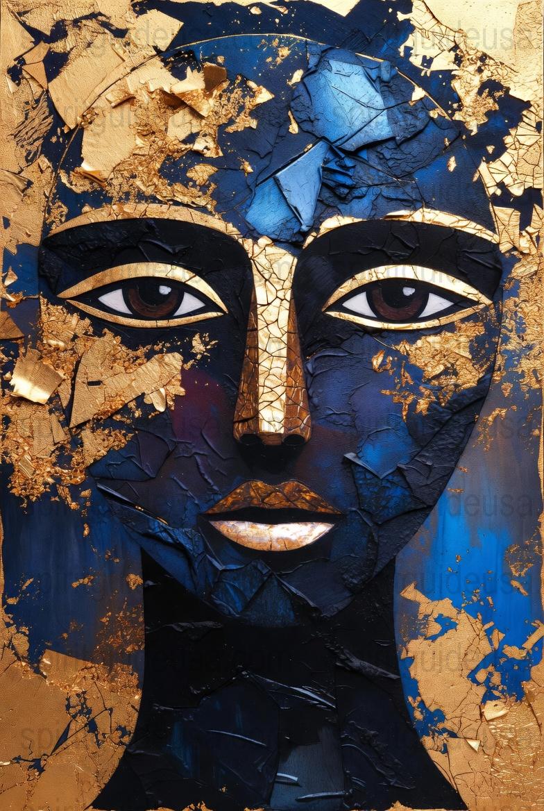 Abstract Blue and Gold Face Art Canvas, Modern Textured Wall Decor, Unique Living Room Artwork