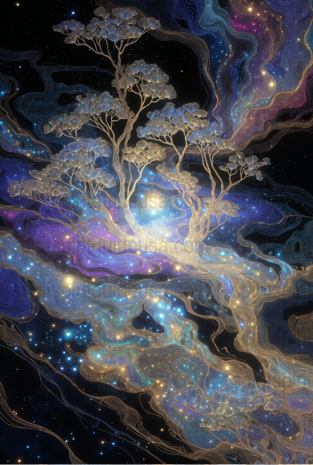 Cosmic Tree Art Print, Celestial Space Night Sky, Galaxy Stars, Fantasy Wall Decor, Unique Home Decoration, Mystical Nature Poster