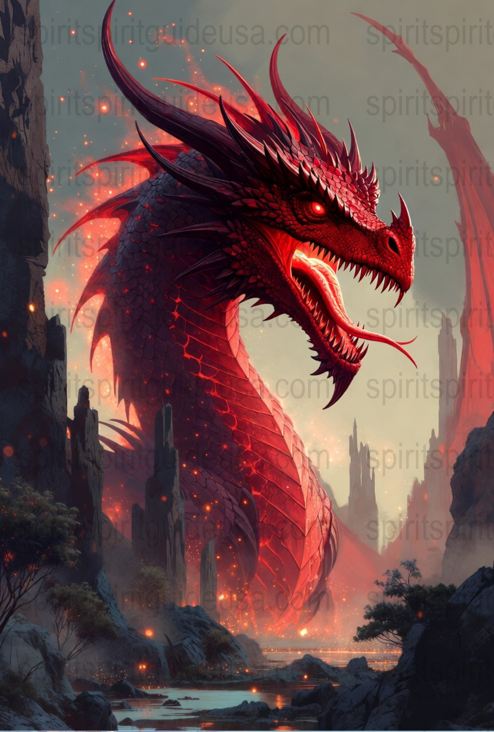 Large Red Dragon Fantasy Art Print, Mythical Creature Poster, Magical Landscape Wall Decor, Epic Dragon Illustration for Fantasy Lovers
