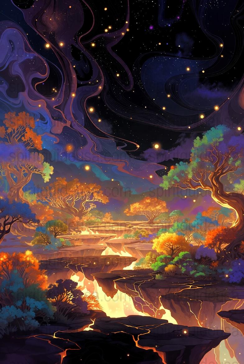 Enchanted Forest Night Sky Art Print, Colorful Nature Landscape Poster, Mystical Wall Decor, Home Decoration, Fantasy Illustration