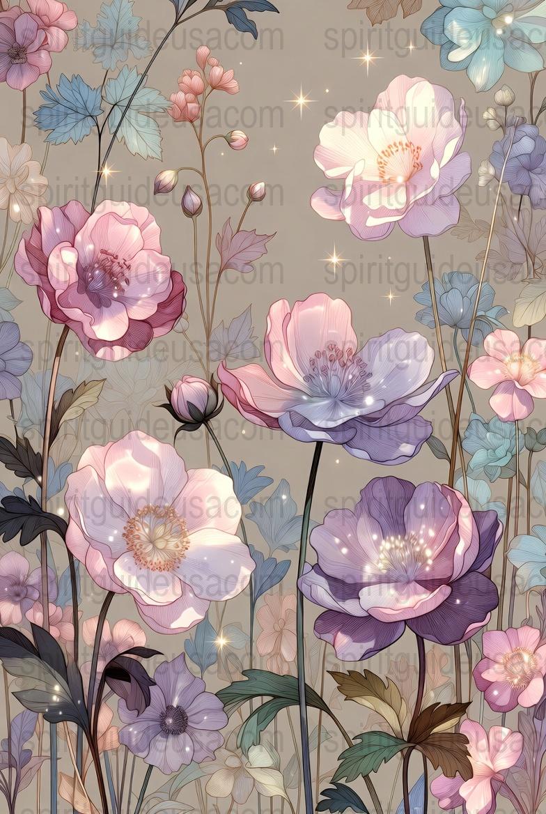 Vintage Floral Wallpaper, Elegant Blossom and Star Design, Romantic Bedroom Decor, Soft Pastel Flowers, Botanical Art Print