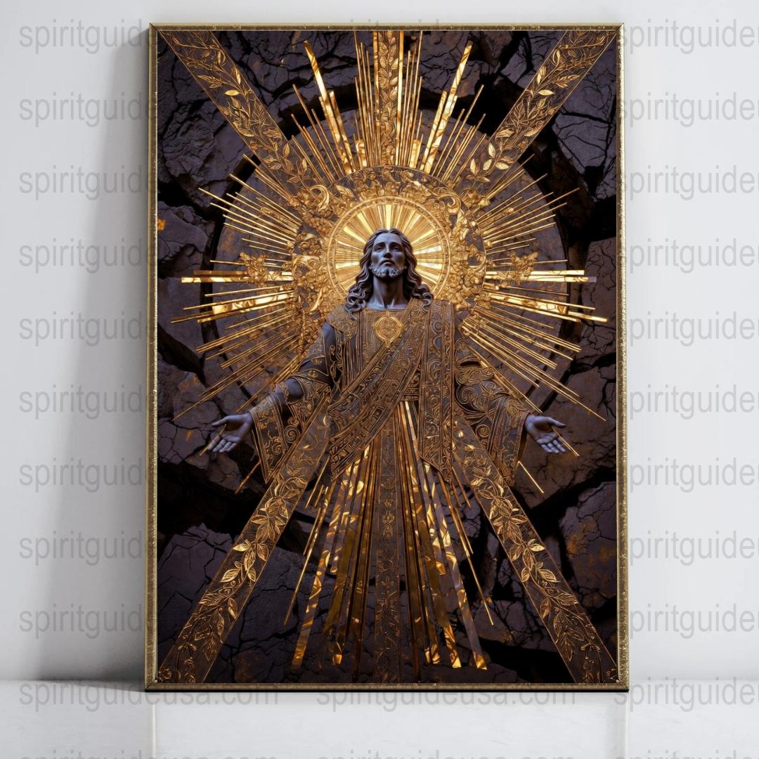 Golden Spiritual Figure Canvas Print, Radiant Religious Art, Decorative Wall Art, Large Heavenly Design, Christian Artwork for Home Decor
