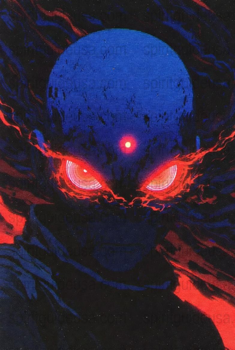 Blue Alien Face Art Print, Sci-Fi Horror Poster, Red Eyes Creepy Wall Decor, Unique Gift Idea