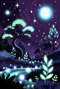 Mystical Night Forest Art Print, Starry Sky and Glowing Trees, Moonlit Nature Scene, Magical Landscape Poster, Wall Decor