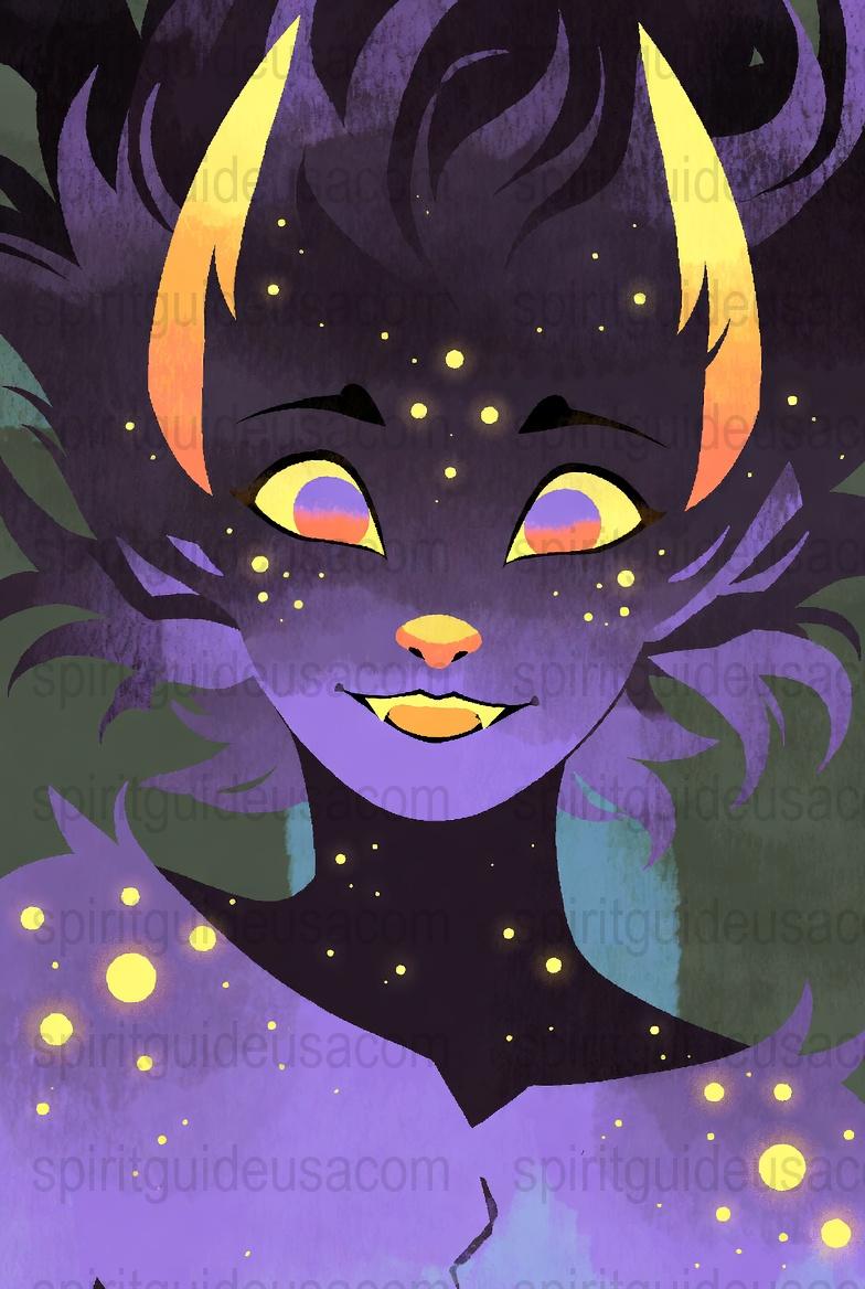 Mystical Cat Spirit Guide Art Print, Starry Night Fantasy Illustration, Purple and Yellow Wall Decor