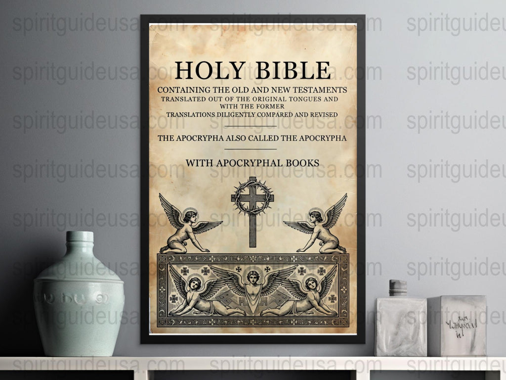 Vintage Holy Bible Poster with Angels and Compass Design, Religious Wall Art Decor, Antique Bible Page Replica, Spiritual Home Decoration