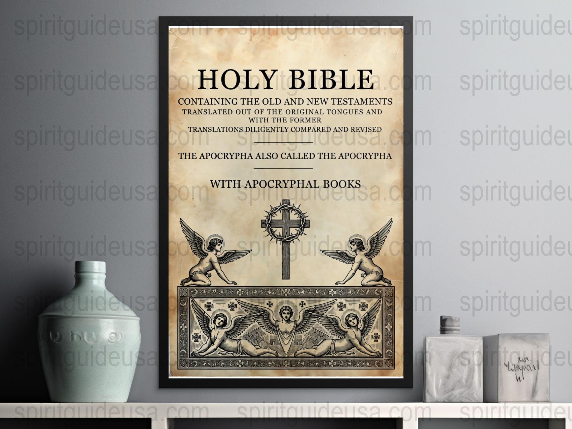 Vintage Holy Bible Poster with Angels and Compass Design, Religious Wall Art Decor, Antique Bible Page Replica, Spiritual Home Decoration