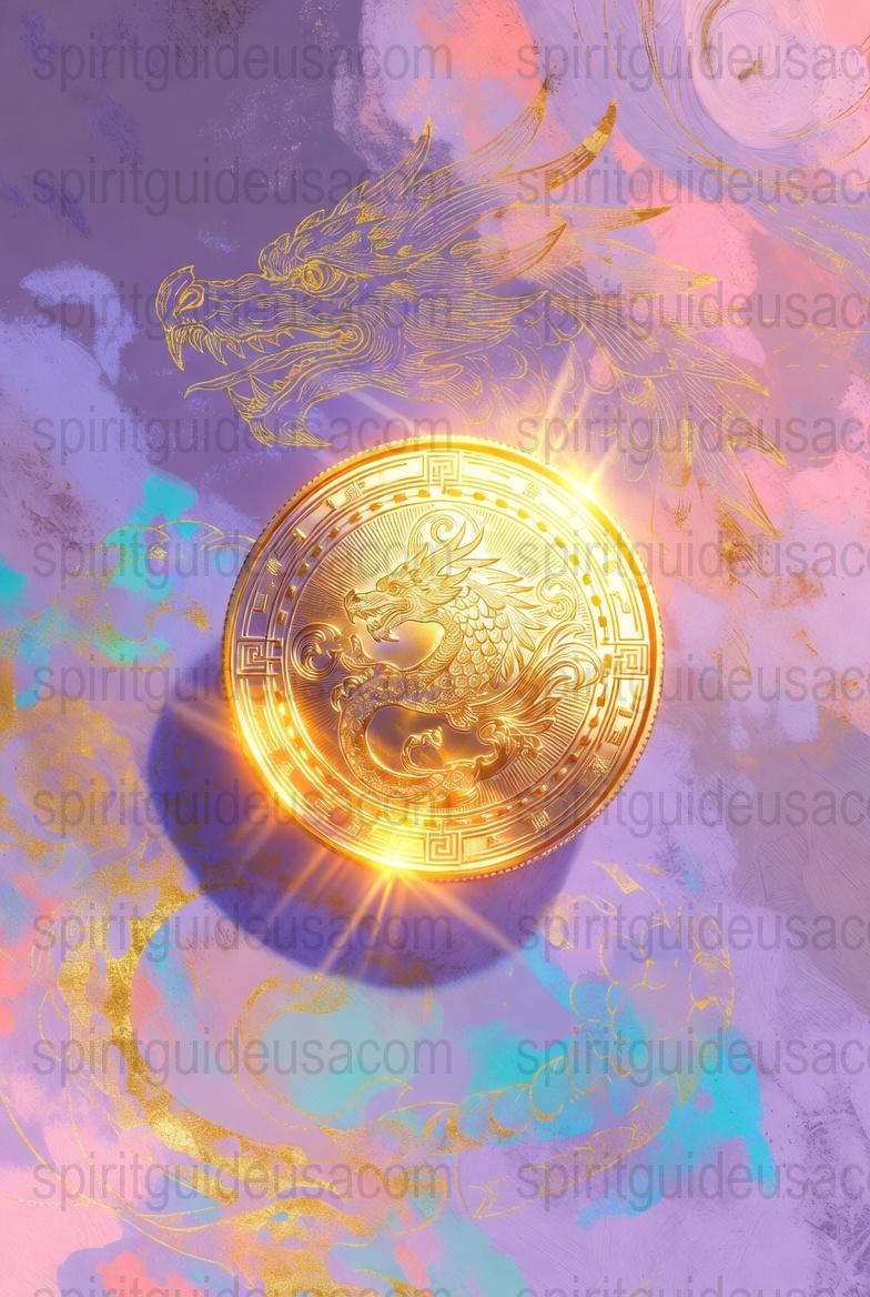 Mystical Golden Dragon Coin Wall Art, Asian Inspired Spiritual Decor, Colorful Abstract Background Print