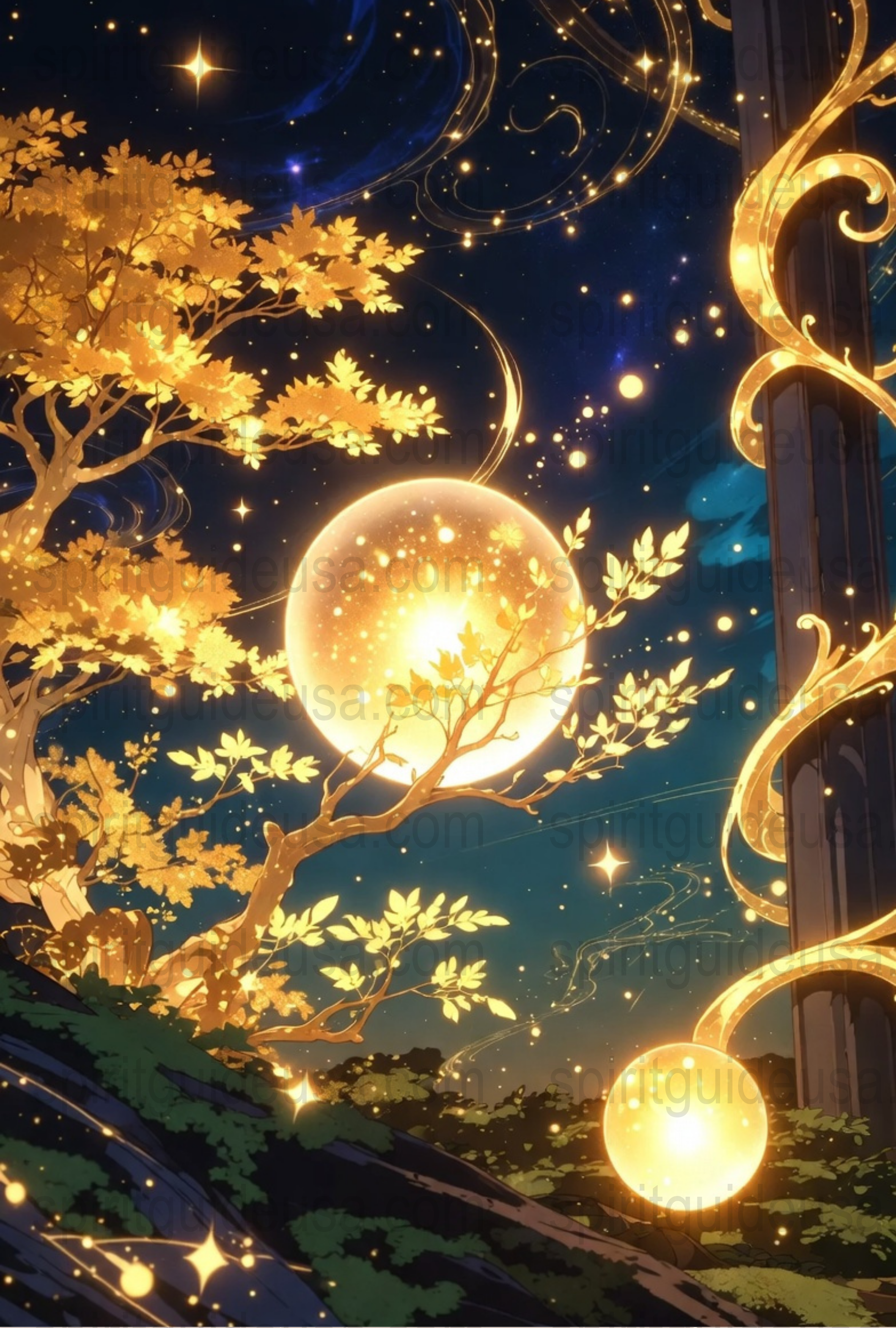 Enchanted Forest Night Sky Art Print, Golden Trees and Moon, Magical Landscape Poster, Fantasy Wall Decor, Starry Night Illustration