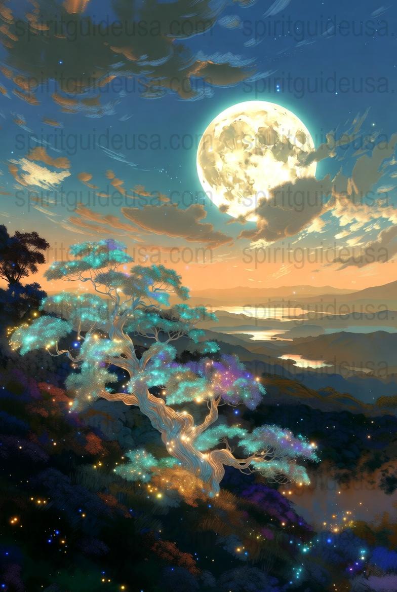 Enchanted Forest Wall Art, Fantasy Moonlight Tree Landscape, Mystical Nature Poster, Vibrant Home Decor