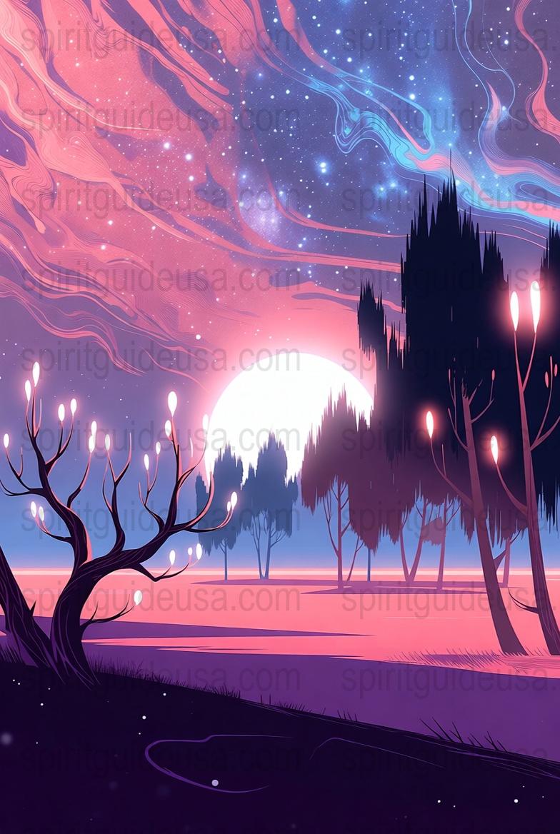 Fantasy Forest Art Print, Purple Pink Sky Landscape, Enchanted Trees Wall Decor, Mystical Nature Poster, Galaxy Night Scenery Artwork