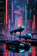Futuristic City Art Print, Neon Cyberpunk Poster, Sci-Fi Urban Landscape, Glossy Finish, Home Decor Wall Art, Vibrant Colors