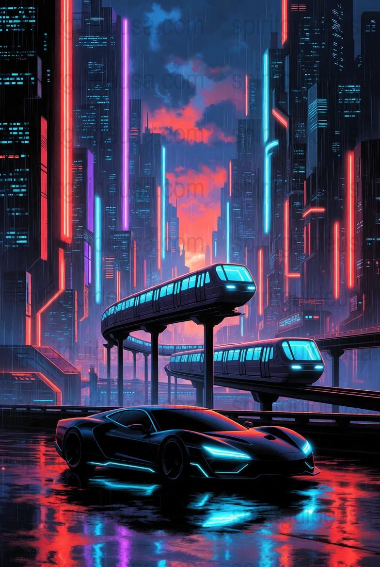 Futuristic City Art Print, Neon Cyberpunk Poster, Sci-Fi Urban Landscape, Glossy Finish, Home Decor Wall Art, Vibrant Colors