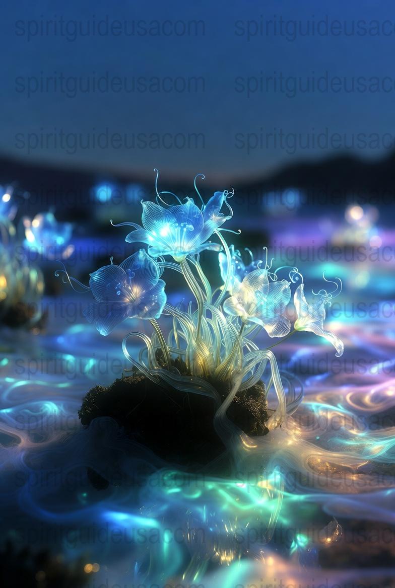 Enchanted Blue LED Glow Flowers Art Print, Magical Night Light Floral Wall Decor, Fantasy Home Decoration