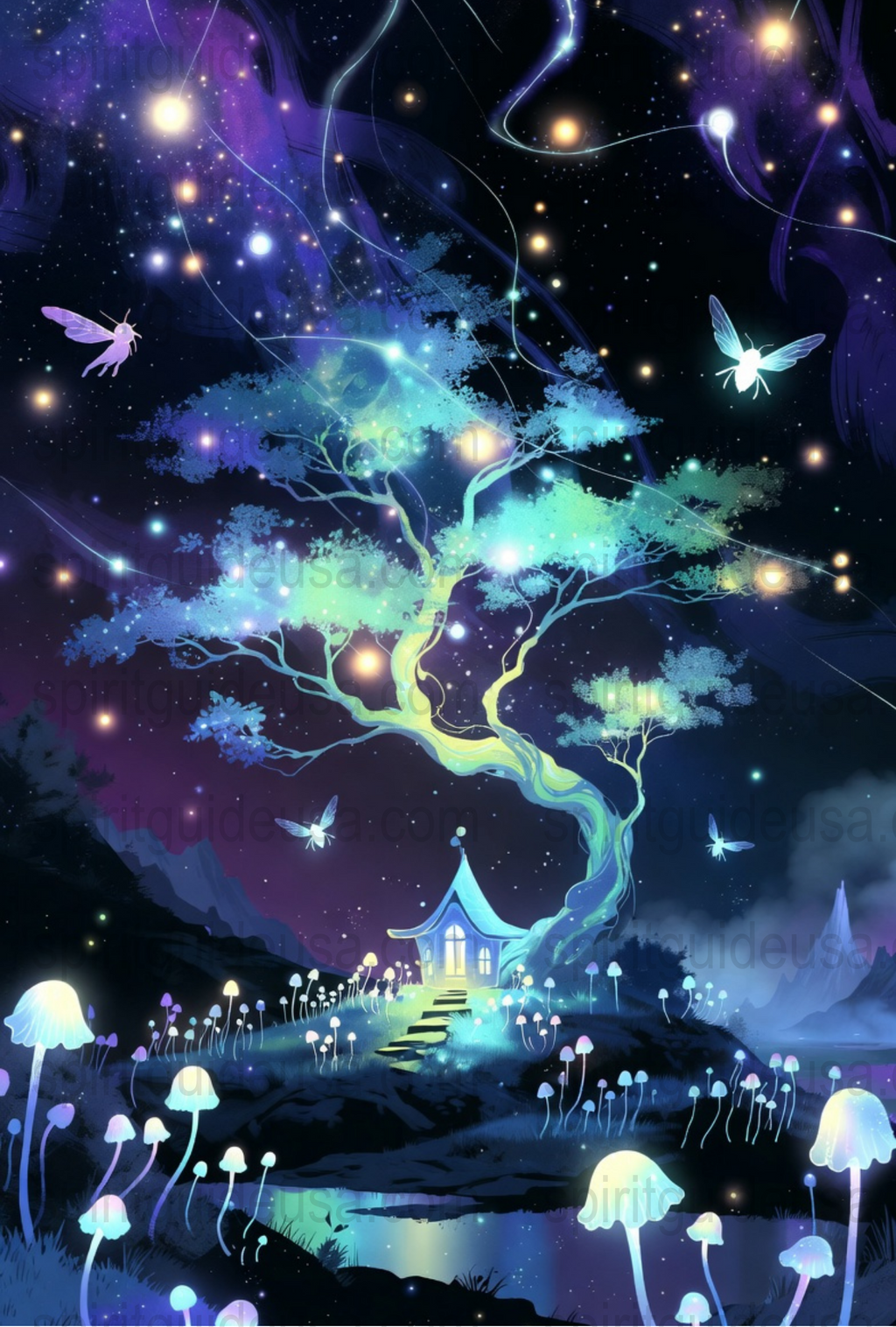 Enchanted Forest Night Scene Art Print, Fantasy Landscape with Glowing Trees and Stars