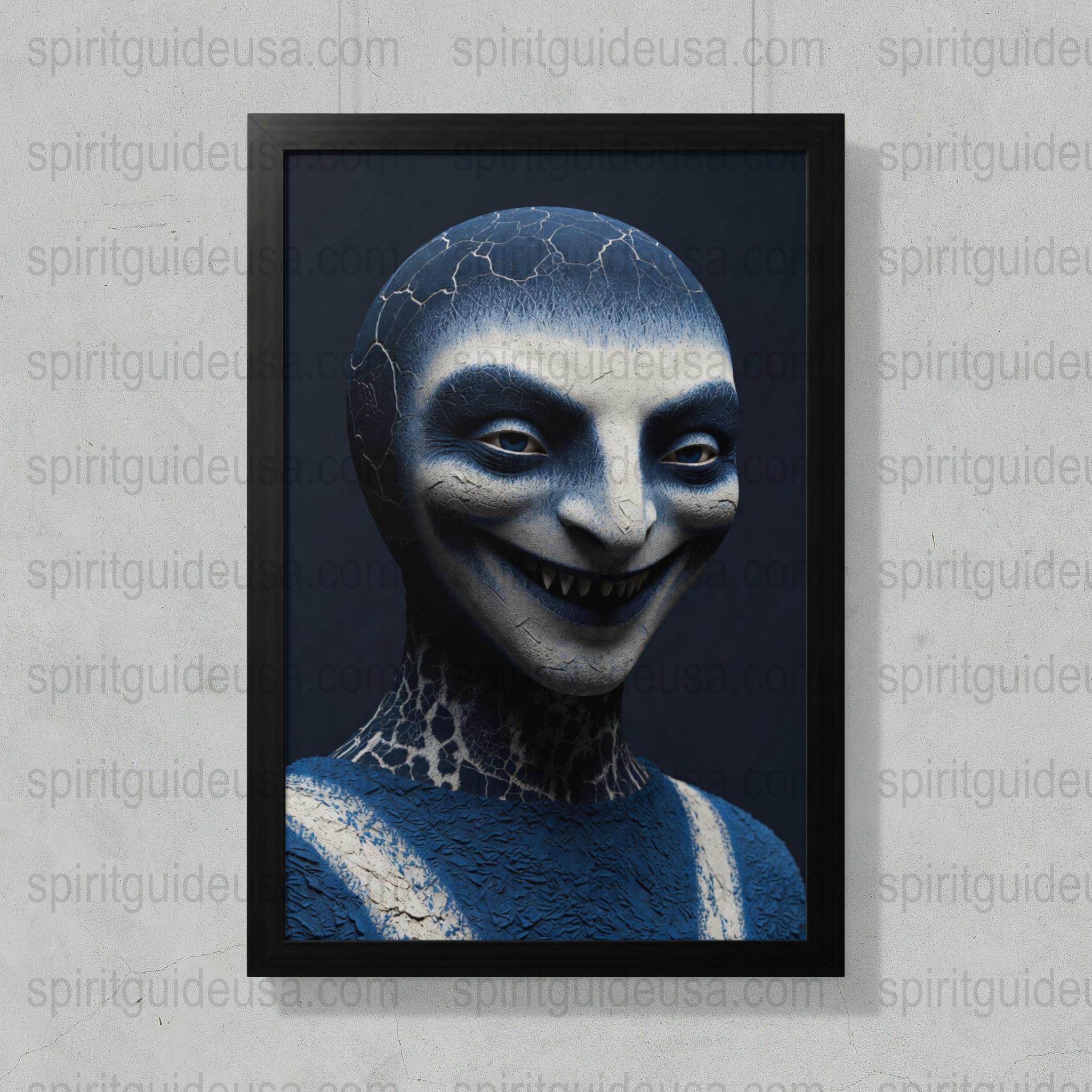 Creepy Blue Clown Wall Art Print, Horror Themed Decor, Smiling Sinister Clown, Unique Dark Wall Hanging, Spooky Artwork for Halloween