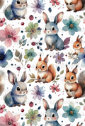 Cute Animal and Floral Pattern Fabric, Watercolor Rabbits and Squirrels Print, Kids Room Decor Material, Craft Supplies