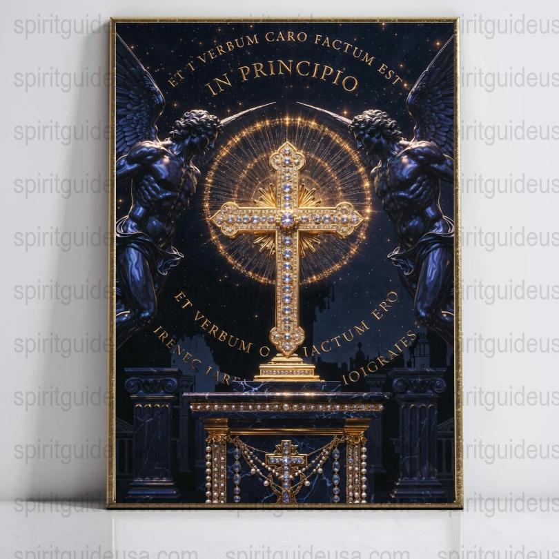 Religious Art Print, Angel Altar with Cross, Vintage Church Decor, Spiritual Wall Art, Christian Iconography, Gold and Blue Decorative Panel