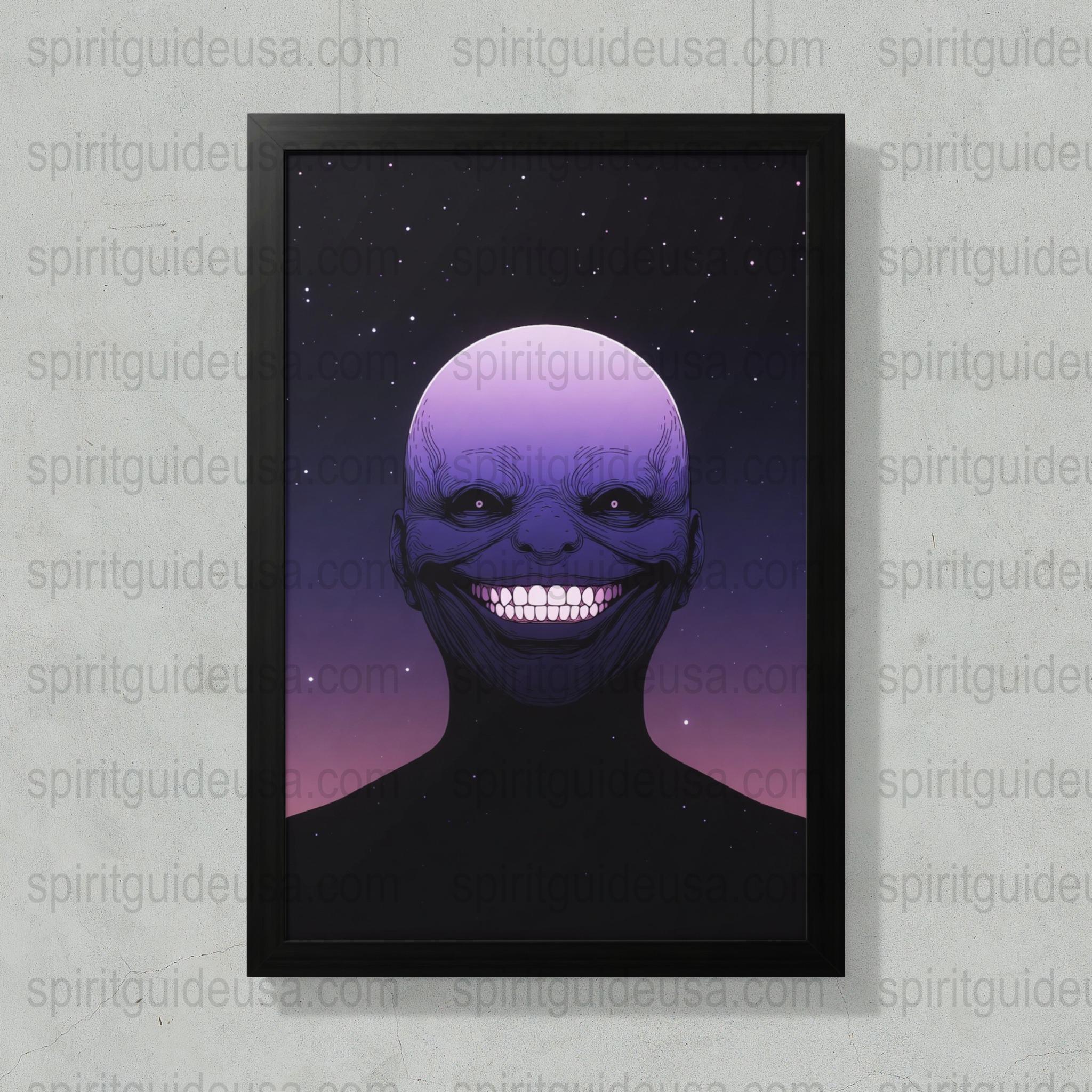 Surreal Smiling Face Poster, Dark Purple Cosmic Art, Modern Home Decor Wall Art, Unique Gift Idea, Space Theme Illustration