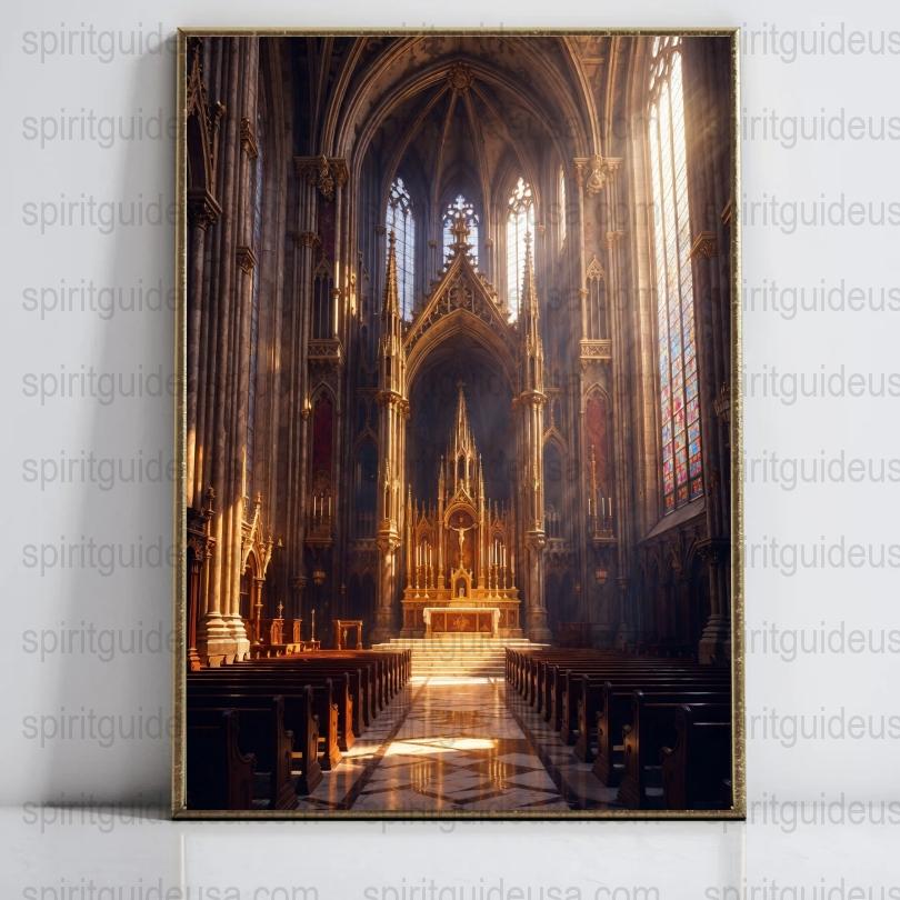 Gothic Cathedral Interior Print, Vintage Church Architecture Poster, Religious Art Wall Decor, Sunlit Sanctuary Photo