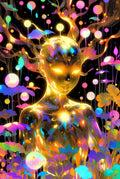 Psychedelic Art Print, Surreal Golden Figure, Neon Jungle, Luminous Botanicals, Wall Decor, Mystical Poster, Vibrant Home Artwork