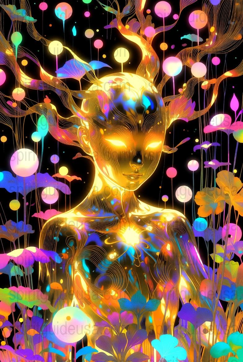 Psychedelic Art Print, Surreal Golden Figure, Neon Jungle, Luminous Botanicals, Wall Decor, Mystical Poster, Vibrant Home Artwork