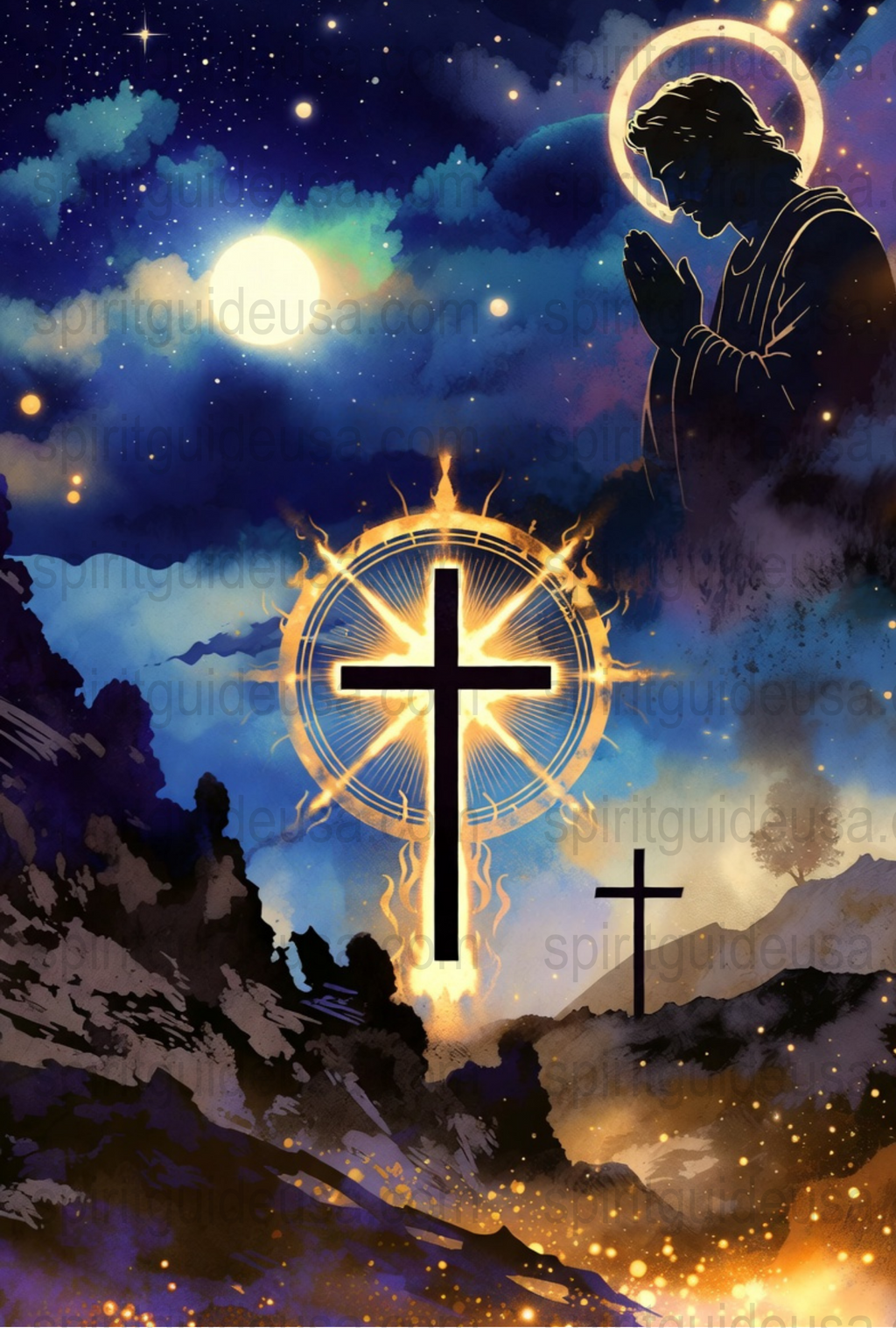 Spiritual Art Print, Praying Angel with Cross, Starry Night Sky, Religious Wall Decor, Inspirational Christian Artwork, Vibrant Colors