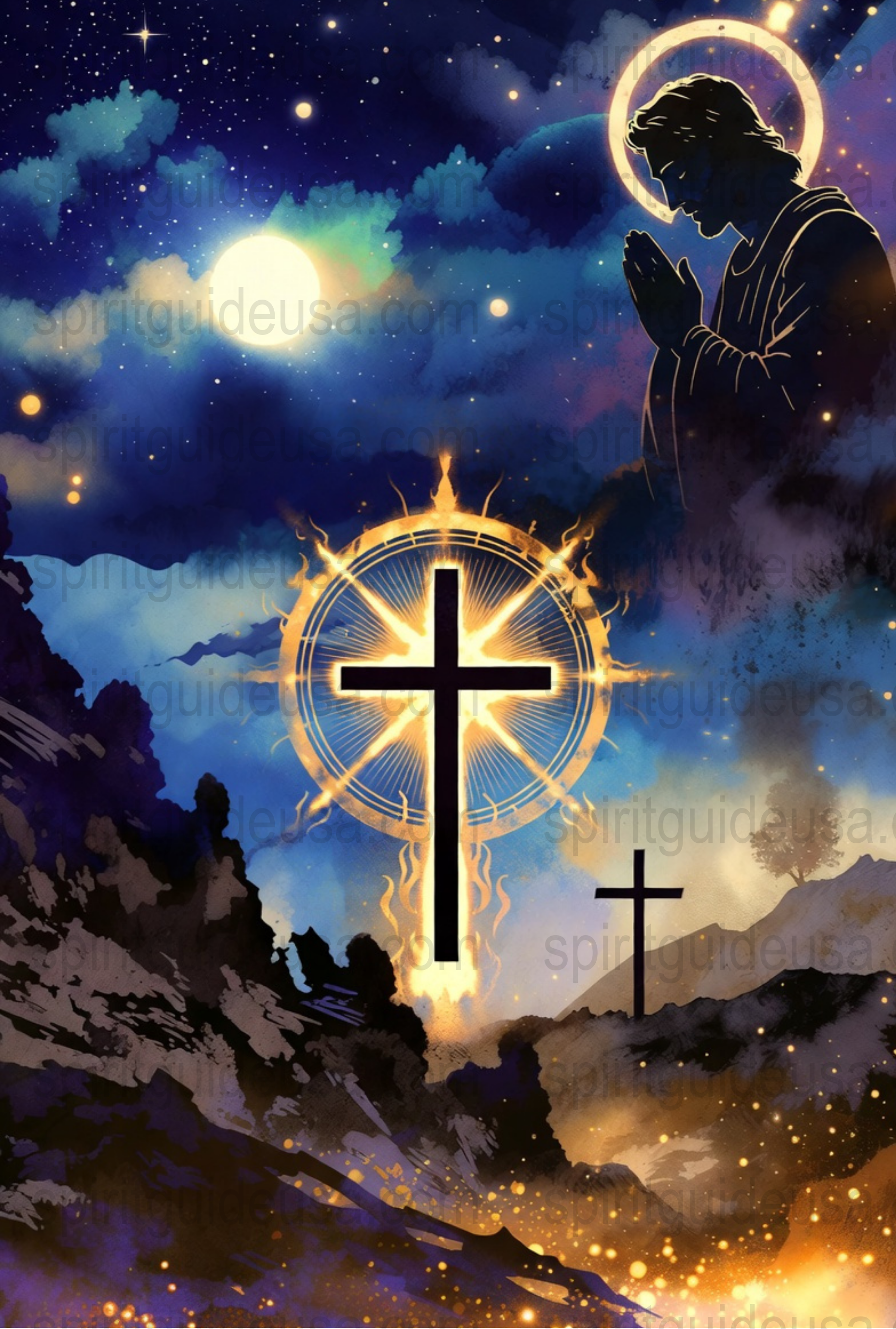 Spiritual Art Print, Praying Angel with Cross, Starry Night Sky, Religious Wall Decor, Inspirational Christian Artwork, Vibrant Colors